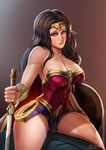  badcompzero bare_shoulders black_hair blue_eyes blush breasts dc_comics large_breasts long_hair looking_at_viewer open_mouth shield smile solo superhero sword tiara watermark weapon wonder_woman wonder_woman_(series) 