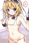  bare_shoulders bikini blonde_hair blush breast_conscious breasts collarbone commentary detached_collar fleur_de_lapin_uniform gochuumon_wa_usagi_desu_ka? headdress kirima_sharo kurou_(quadruple_zero) micro_bikini navel open_mouth short_hair side-tie_bikini small_breasts solo spoken_blush swimsuit tears trembling white_bikini wrist_cuffs 