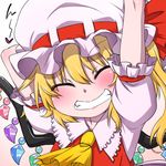  ^_^ arm_behind_head arm_up blonde_hair bow close-up closed_eyes flandre_scarlet grin hanya_(hanya_yashiki) hat hat_bow heart long_hair side_ponytail smile solo stretch touhou upper_body wings 