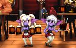  2016 alcohol beer beverage blonde_hair bracelet breasts brown_eyes clothed clothing cup detailed_background duo_focus exposed_breasts faceless_male female footwear fork group hair ham humanoid inside jewelry knife league_of_legends legwear male mimicp muscular muscular_male nipples pigtails plate poppy_(lol) purple_eyes riot_games shoes skirt smile standing stockings tavern tristana_(lol) video_games white_hair yordle 