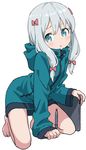  :o absurdres aqua_jacket bangs bare_legs barefoot blue_eyes bow commentary_request eromanga_sensei full_body hair_bow highres holding hood hood_down hooded_track_jacket izumi_sagiri jacket kneeling legs_apart long_hair looking_at_viewer no_pants parted_lips red_bow short_hair_with_long_locks silver_hair simple_background solo stylus tablet tareme track_jacket white_background yamamoto_souichirou zipper 