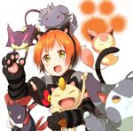  :d animal_ears arm_up black_gloves black_hairband blush capelet cat_day cat_ears cat_tail crossover espurr fake_animal_ears fang gen_1_pokemon gen_3_pokemon gen_4_pokemon gen_5_pokemon gen_6_pokemon gloves hairband highres hoshizora_rin ksk_(semicha_keisuke) looking_at_viewer love_live! love_live!_school_idol_project meowth open_mouth orange_hair paw_gloves paws pokemon pokemon_(creature) purrloin purugly short_hair simple_background skitty smile tail trait_connection weavile white_background yellow_eyes 