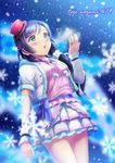  b.ren breath character_name commentary detached_sleeves dress fur_trim green_eyes hair_over_shoulder hand_up hat long_hair looking_up love_live! love_live!_school_idol_project low-tied_long_hair mini_hat pom_pom_(clothes) purple_hair scrunchie skirt snow_halation snowflakes snowing solo toujou_nozomi white_dress 