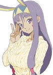  absurdres animal_ears breasts bunny_ears dark_skin donguri_suzume earrings facial_mark fate/grand_order fate_(series) hairband highres jewelry large_breasts long_hair looking_at_viewer nail_polish nitocris_(fate/grand_order) purple_eyes purple_hair simple_background solo sweater white_background 