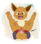  3_toes anus black_nose blush brown_eyes brown_fur chest_tuft clitoris cum cum_in_pussy cum_inside eevee embarrassed female fur lying nintendo on_back open_mouth pawpads pok&eacute;mon pussy solo_focus spread_pussy spreading tan_fur toes tuft unknown_artist video_games 