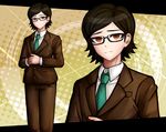  blazer brown_hair brown_pants closed_mouth cowboy_shot danganronpa danganronpa_3 glasses green_neckwear hands_together hino_asukasei jacket kibougamine_gakuen_school_uniform komatsuzaki_rui_(style) kurokku-tokei male_focus necktie orange_eyes pants school_uniform solo yellow_background zoom_layer 