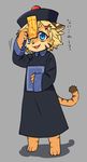  1girl artist_request blonde_hair blue_eyes borrowed_character chinese_clothes female fu-chan furry open_mouth short_hair solo tiger translated 