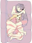  barefoot black_hair blonde_hair blush closed_eyes couch drooling feet full_body green_eyes hug kurochiroko lillie_(pokemon) long_hair mizuki_(pokemon) multiple_girls on_couch open_mouth pajamas pokemon pokemon_(game) pokemon_sm short_hair shorts simple_background sleeping tank_top white_background yuri 