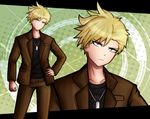  black_shirt blazer blonde_hair clenched_hand closed_mouth cowboy_shot danganronpa danganronpa_3 gradient gradient_background green_background hand_on_hip jacket jewelry kibougamine_gakuen_school_uniform komatsuzaki_rui_(style) kurokku-tokei looking_at_viewer male_focus necklace necktie school_uniform serious shirt solo yellow_background yellow_eyes yokoo_shouji zoom_layer 