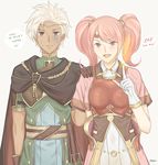  1boy 1girl artist_name blush boey_(fire_emblem) breastplate brown_eyes cape circlet dark_skin electricity fire_emblem fire_emblem_echoes:_mou_hitori_no_eiyuuou gloves grey_background hakirino highres long_hair mae_(fire_emblem) open_mouth pink_hair red_eyes scared simple_background teeth twintails upper_body white_hair 