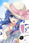  :d absurdres blue_eyes blue_hair collarbone colorized date_a_live day dress floating_hair grey_dress grey_hat hair_between_eyes hat hat_ribbon highres long_hair looking_at_viewer open_mouth outdoors pink_ribbon ribbon short_sleeves smile solo standing sun_hat tsunako upper_body very_long_hair yoshino_(date_a_live) yoshinon 