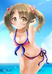  bikini breasts brown_eyes brown_hair cleavage front-tie_top hair_ribbon highres idolmaster idolmaster_cinderella_girls imai_kana kibihimi leaning_forward looking_at_viewer medium_breasts red_bikini red_ribbon ribbon side-tie_bikini smile solo striped striped_bikini swimsuit twintails 