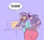  black_eyes butt canine clothing ear_piercing english_text fangs female food hair herny hoodie looking_at_viewer looking_back mammal microwave open_mouth piercing ponytail popcorn purple_hair solo text were werewolf yellow_sclera 