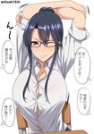  3; black_hair blue_hair breasts button_gap check_translation cleavage commentary_request dress_shirt glasses hair_bun highres huge_breasts kloah original red_eyes shirt stretch translation_request twitter_username 
