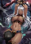  abs armlet arms_up black_gloves black_legwear breasts building dark_elf dark_skin dual_wielding elf fingerless_gloves glint gloves groin highres holding houtengeki knife large_breasts leaf legs_folded loincloth long_hair navel open_mouth original pointy_ears silver_eyes silver_hair solo sparkle thick_thighs thighhighs thighs tree warrior weapon wide_hips 