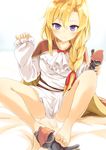  barefoot bed_sheet blonde_hair bluekalmia braid cape chateau_gaillard_(oshiro_project) feet highres implied_footjob kabuto_(oshiro_project) long_hair oshiro_project oshiro_project_re purple_eyes simple_background sitting solo toes 