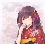  commentary_request dargo hair_ornament hand_on_own_face hikone_(oshiro_project) japanese_clothes kimono long_hair oshiro_project oshiro_project_re smile solo 