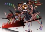  barefoot black_sclera blonde_hair boots brown_hair chain collar collar_tug commentary_request crystal dark_persona dark_skin energy_sword eyebrows_visible_through_hair facial_tattoo fingernails flandre_scarlet four_of_a_kind_(touhou) frilled_skirt frills gradient gradient_background grey_skin grin hat high_heels highres holding holding_weapon inyuppo laevatein midriff mismatched_sclera mob_cap multicolored multicolored_skin multiple_girls multiple_persona pointy_ears red_eyes revealing_clothes ribbon sharp_fingernails side_ponytail skirt slit_pupils smile sword tattoo thigh_boots thighhighs torn_clothes touhou vampire veins weapon wings wrist_cuffs 