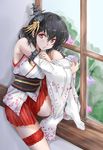  black_hair breasts detached_sleeves floral_print hair_ornament highres kantai_collection large_breasts light_blush looking_at_viewer nontraditional_miko red_eyes remodel_(kantai_collection) short_hair sitting_in_window solo tabi thigh_strap tororo_ten wide_sleeves window yamashiro_(kantai_collection) 