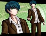  bangs blue_hair clenched_hand closed_mouth cowboy_shot danganronpa danganronpa_3 formal green_background green_eyes jacket kibougamine_gakuen_school_uniform komatsuzaki_rui_(style) kurokku-tokei kurosaki_tarou looking_at_viewer male_focus open_clothes open_collar open_jacket outstretched_hand school_uniform smile solo swept_bangs upper_body zoom_layer 