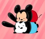  2017 blush cute digital_media_(artwork) disney duo lagomorph long_ears lying mammal mickey_mouse mouse on_back one_eye_closed oswald_the_lucky_rabbit pattern_background pink_background rabbit rodent round_ears shiawase_usagi simple_background striped_background tsum_tsum wink 