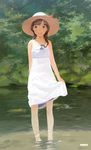  absurdres braid brown_eyes brown_hair commentary dress grin hat highres long_hair looking_at_viewer mtz original plant pond signature skirt_hold smile solo summer sun_hat sundress sunlight tree twin_braids wading water white_dress 