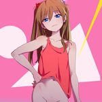  blue_eyes bottomless brown_hair closed_mouth eyebrows_visible_through_hair hair_between_eyes hair_ornament hand_on_hip head_tilt highres long_hair looking_at_viewer mebae navel neon_genesis_evangelion out-of-frame_censoring shikinami_asuka_langley solo souryuu_asuka_langley tank_top two_side_up 