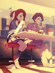  1girl andrew_hanbridge bag blush brown_eyes brown_hair commentary_request crossed_legs eating food green_eyes hamburger highres kagari_atsuko little_witch_academia luna_nova_school_uniform minamito paper_bag restaurant sitting stool sweatdrop table 