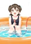 :d akagi_miria bad_id bad_pixiv_id bangs bare_arms bare_legs bare_shoulders between_legs black_swimsuit blush brown_eyes brown_hair caustics collarbone eyebrows_visible_through_hair flat_chest foreshortening furururu hair_between_eyes holding holding_hose hose idolmaster idolmaster_cinderella_girls knees_up looking_at_viewer one-piece_swimsuit open_mouth partially_submerged round_teeth school_swimsuit short_hair smile solo squatting swimsuit tareme teeth two_side_up wading_pool water water_drop wet white_background 