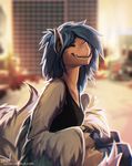  anthro avian blue_hair blurred_background breasts clothed clothing detailed_background eyes_closed female hair lukiri smile solo 