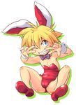  animal_ears armpits bare_legs blonde_hair blue_eyes bow bowtie bunny_ears bunnysuit collarbone double_v flat_chest grin keiou_yuugekitai leotard nanahikari_rami no_nose one_eye_closed purple_bow purple_neckwear red_footwear red_leotard shoes short_hair sitting smile solo spread_legs takura_mahiro teeth v white_background wrist_cuffs 