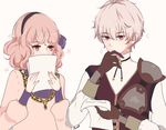  1girl curly_hair fire_emblem fire_emblem_echoes:_mou_hitori_no_eiyuuou flower gloves grey_background hairband jenny_(fire_emblem) jewelry kliff_(fire_emblem) nana_(mizukas) necklace paper pink_hair red_eyes simple_background sparkle upper_body white_hair 
