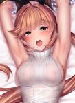  armpits arms_up black_gloves blush bow breasts brown_hair clarisse_(granblue_fantasy) eyebrows_visible_through_hair frill_trim gloves granblue_fantasy green_eyes hair_bow highres long_hair looking_at_viewer medium_breasts nipples open_mouth ponytail ribbed_shirt ribbed_sweater see-through shirt sleeveless sleeveless_shirt sleeveless_turtleneck solo sweat sweater turtleneck ulrich_(tagaragakuin) upper_body 
