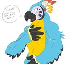  anthro avian bird blue_feathers feathers grizz kass male nintendo nude ornament simple_background solo speech_bubble text the_legend_of_zelda video_games 