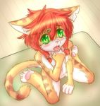  2016 anthro blush brown_fur cat cub feline female fur green_eyes hair kneeling looking_at_viewer mammal open_mouth pawpads paws pink_eyes red_hair slit_pupils solo tears wolfeed_(artist) wood young 