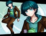  blue_background blue_eyes blue_hair bowl_cut closed_mouth danganronpa danganronpa_3 hood hoodie jacket komatsuzaki_rui_(style) kurokku-tokei layered_clothing male_focus open_clothes open_jacket solo someya_ryouta standing standing_on_one_leg stuffed_animal stuffed_toy teddy_bear zoom_layer 