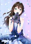  bad_id bad_pixiv_id bangs bare_shoulders black_bow blue_bow blue_dress blush bow breasts brown_hair confetti covered_mouth cowboy_shot dress earrings eternal_bloom_(idolmaster) floral_print flower furururu gloves gradient gradient_background green_eyes hair_bow hair_flower hair_ornament hands_together highres holding holding_microphone idolmaster idolmaster_cinderella_girls idolmaster_cinderella_girls_starlight_stage jewelry long_hair looking_at_viewer microphone necklace sash see-through shibuya_rin sleeveless sleeveless_dress small_breasts solo standing 