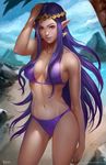  beach bikini breasts cleavage covered_nipples day earrings hand_on_own_head highres jewelry large_breasts lipstick long_hair makeup midriff navel norman_de_mesa ocean palm_tree pointy_ears princess_hilda purple_bikini purple_hair purple_lipstick red_eyes signature solo swimsuit the_legend_of_zelda the_legend_of_zelda:_a_link_between_worlds tiara tree very_long_hair watermark web_address 