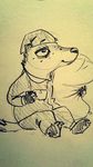  2017 anthro badger clothed clothing cute fur half-closed_eyes happy hat male mammal mustelid pack_street pajamas pillow simple_background smile solo t_rex_(weaver) traditional_media_(artwork) 