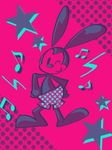  2017 clothed clothing digital_media_(artwork) disney lagomorph long_ears mammal musical_note neon one_eye_closed oswald_the_lucky_rabbit pink_background rabbit restricted_palette shiawase_usagi simple_background smile solo star topless wink 