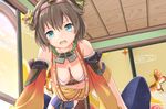 blue_eyes bluekalmia breasts breasts_apart brown_hair cleavage commentary detached_sleeves hair_ornament indoors medium_breasts orange_sleeves oshiro_project oshiro_project_re short_hair shuri_(oshiro_project) solo 