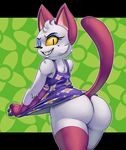  2017 animal_crossing anthro beauty_mark big_butt bottomless breasts butt cat clothed clothing digital_media_(artwork) dress eyelashes eyeshadow feline female fur grin huge_butt makeup mammal nintendo olivia_(animal_crossing) one_eye_closed sharp_teeth smile solo teckworks teeth thick_thighs video_games white_fur yellow_eyes 