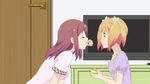  2girls blonde_hair blush brown_hair cream_puff eyes_closed flower food green_eyes hair_flower hair_ornament looking_at_another multiple_girls sakura_trick screencap shared_food sonoda_yuu takayama_haruka television yuri 