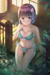  absurdres aqua_bikini ass_visible_through_thighs bandaged_fingers bandages bangs bare_arms bare_shoulders bikini blunt_bangs blurry blush branch breasts cleavage closed_mouth collarbone commentary depth_of_field eromanga_sensei eyebrows_visible_through_hair flower from_above front-tie_bikini front-tie_top hair_flower hair_ornament hand_on_own_chest hand_up highres holmemee kanzashi lantern large_breasts looking_at_viewer looking_up navel night outdoors purple_eyes purple_hair railing ripples rock sandals sandals_removed senju_muramasa shiny shiny_hair shiny_skin short_hair side-tie_bikini sitting smile soaking_feet solo stomach swimsuit thigh_gap towel water window wooden_floor 