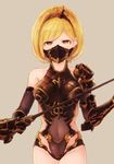  blonde_hair breasts chaos_ruler_(granblue_fantasy) commentary covered_navel djeeta_(granblue_fantasy) face_mask granblue_fantasy hairband holding holding_sword holding_weapon leotard mask medium_breasts see-through short_hair solo sword vambraces wakaba_(945599620) weapon yellow_eyes 