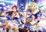  angel angel_wings artist_request bird bird_on_hand blonde_hair blush choker cloud corset dress flower frills hair_flower hair_ornament headset jewelry long_hair love_live! love_live!_school_idol_festival love_live!_sunshine!! multiple_girls necklace off_shoulder official_art ohara_mari open_mouth orange_eyes outdoors purple_flower purple_rose red_hair rose sakurauchi_riko short_hair sitting smile sunlight tiara too_many too_many_frills wings yellow_eyes 