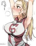  armpits arms_up bangs blonde_hair blush breasts breath brown_eyes closed_mouth from_side girls_und_panzer hair_pulled_back hairband highres large_breasts long_hair red_shirt sasaki_akebi shirt simple_background sleeveless sleeveless_shirt solo sportswear standing sweat twitter_username upper_body volleyball_uniform white_background white_hairband yusukesan 