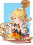  ;t blonde_hair blue_eyes blush charlotta_fenia commentary crown eating flag food food_on_face granblue_fantasy hand_on_own_cheek happy harvin holding holding_spoon long_hair omurice one_eye_closed plate pointy_ears solo sparkle spoon taroji 