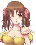  bare_shoulders breasts brown_eyes brown_hair cleavage collarbone commentary_request eyebrows_visible_through_hair hair_ornament idolmaster idolmaster_cinderella_girls kiss_day kukua_(mosushi) large_breasts looking_at_viewer one_eye_closed open_mouth scrunchie solo totoki_airi twintails wrist_scrunchie 