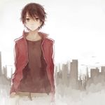 black_hair commentary_request crimsonseed expressionless jacket kagerou_project kisaragi_shintarou male_focus red_jacket skyline solo track_jacket 
